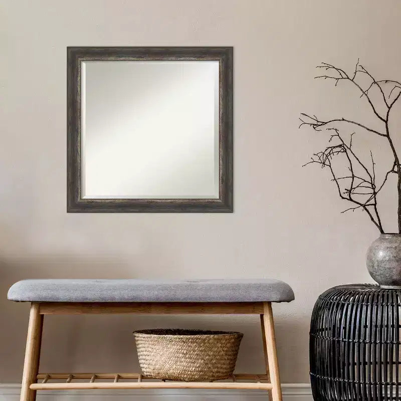 Miroir mural rustique marron 24" x 24" avec cadre étroit en écorce - Biseauté, carré, aucun assemblage requis
