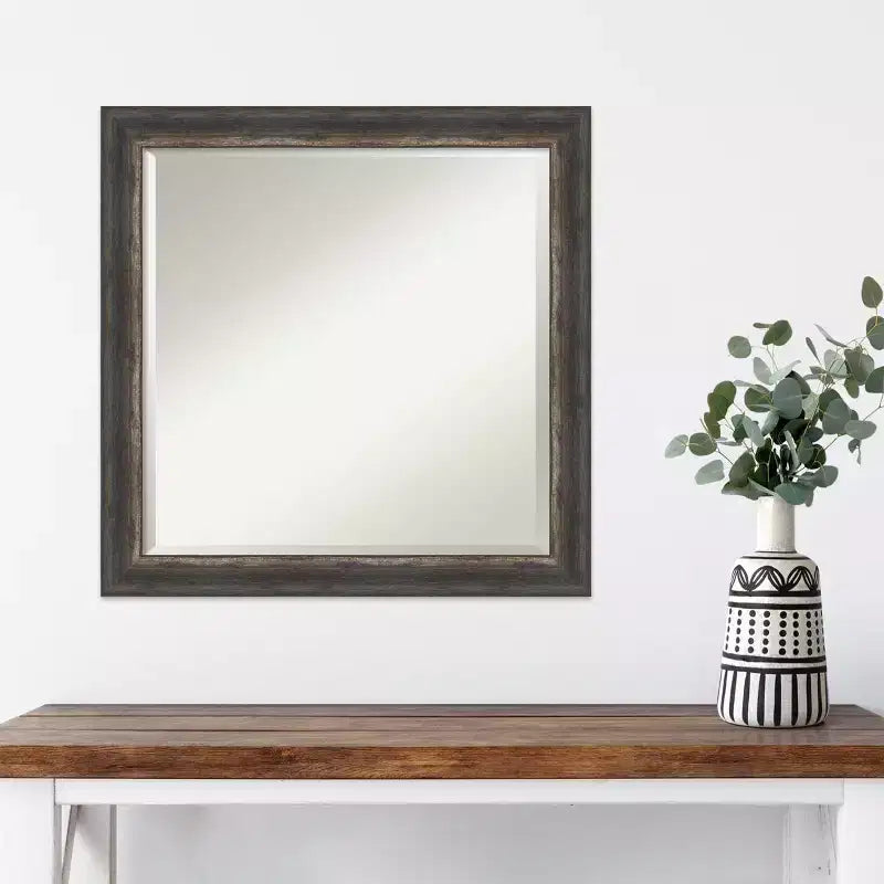 Miroir mural rustique marron 24" x 24" avec cadre étroit en écorce - Biseauté, carré, aucun assemblage requis