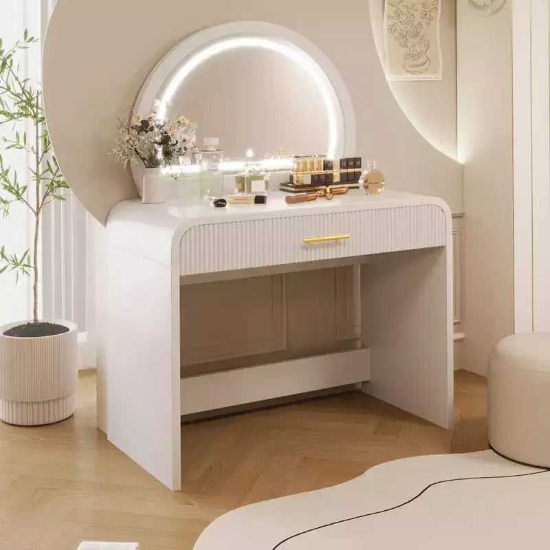 Table de toilette 40W, coiffeuse avec miroir lumineux à écran tactile et grand tiroir, blanche