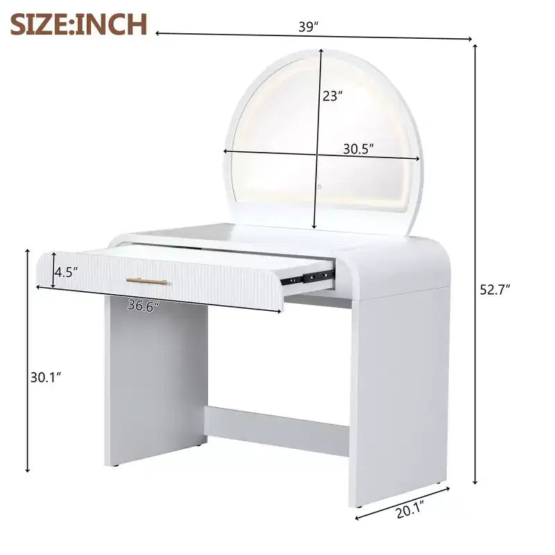 Table de toilette 40W, coiffeuse avec miroir lumineux à écran tactile et grand tiroir, blanche