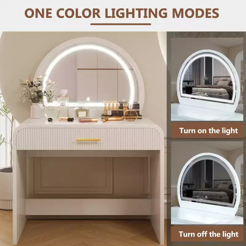 Table de toilette 40W, coiffeuse avec miroir lumineux à écran tactile et grand tiroir, blanche