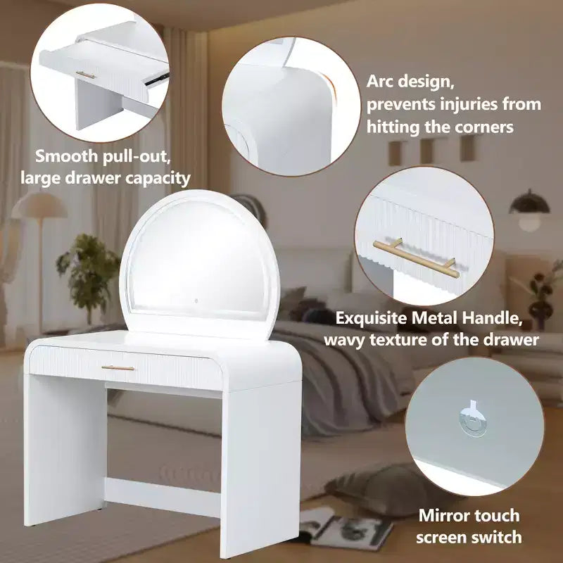 Table de toilette 40W, coiffeuse avec miroir lumineux à écran tactile et grand tiroir, blanche