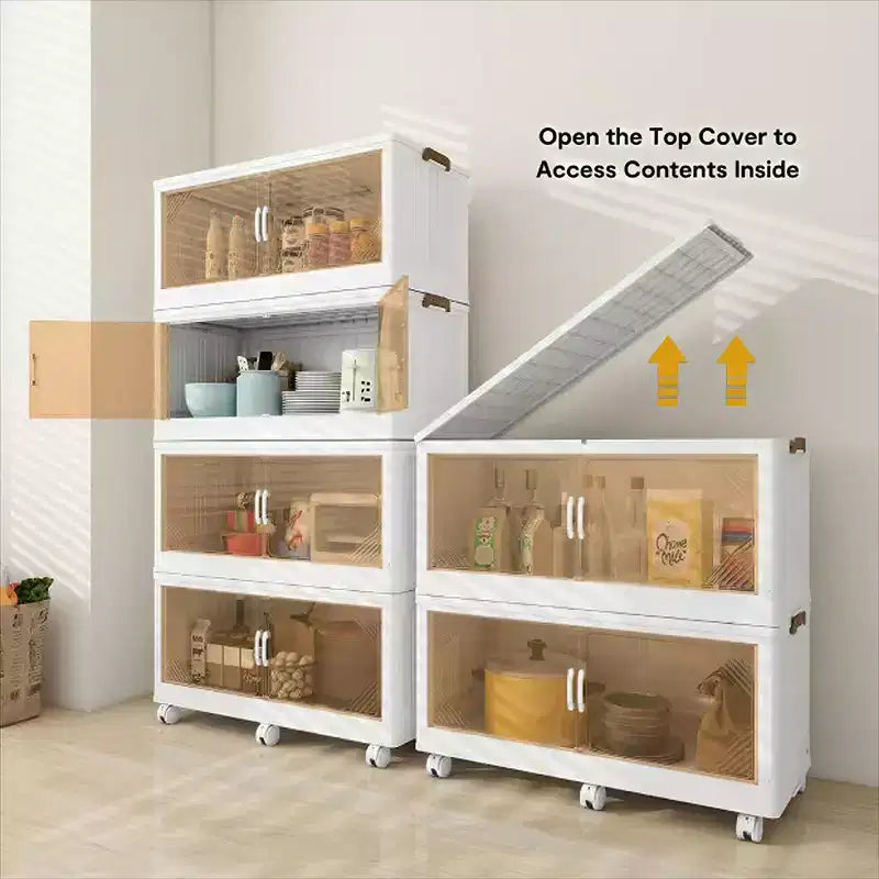 Boîte de rangement pliable avec porte transparente de 65 cm de large, organisateur à 4 niveaux de grande capacité, accès facile, conception pliable peu encombrante