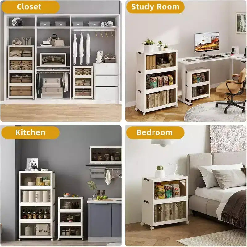 Boîte de rangement pliable avec porte transparente de 65 cm de large, organisateur à 4 niveaux de grande capacité, accès facile, conception pliable peu encombrante