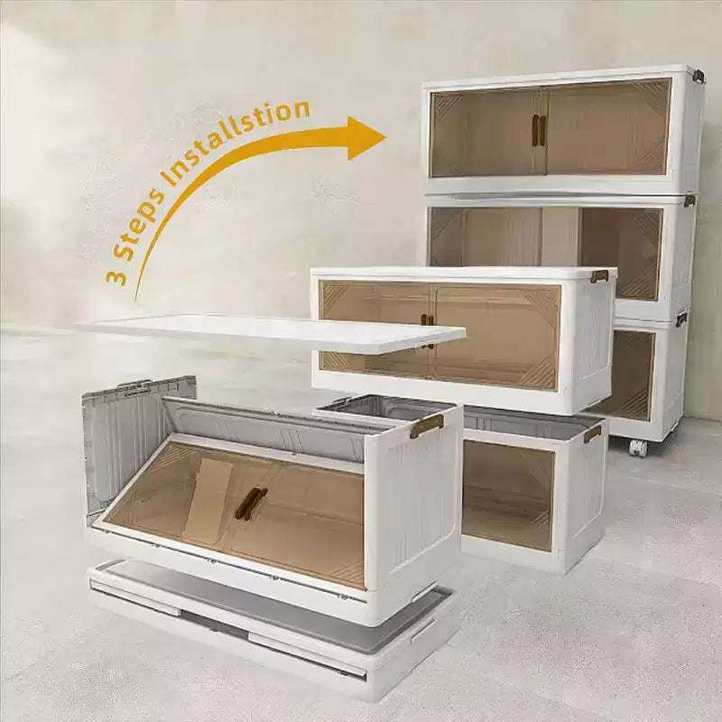 Boîte de rangement pliable avec porte transparente de 65 cm de large, organisateur à 4 niveaux de grande capacité, accès facile, conception pliable peu encombrante