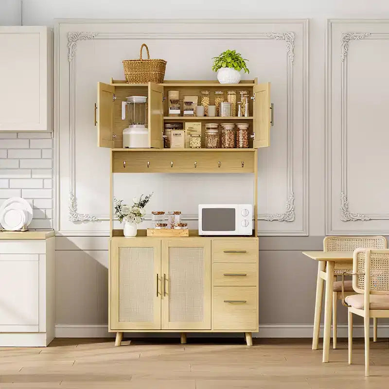 Meuble de rangement autoportant avec tiroirs, meuble de rangement en rotin, portes et crochets pour salon, salle à manger,