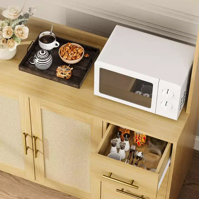 Meuble de rangement autoportant avec tiroirs, meuble de rangement en rotin, portes et crochets pour salon, salle à manger,