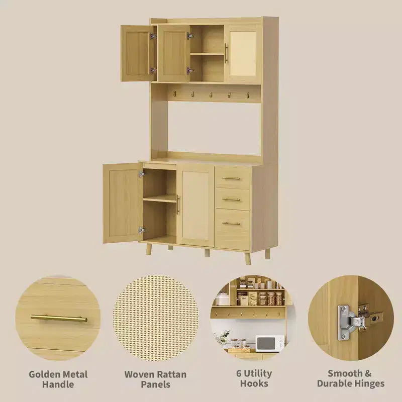 Meuble de rangement autoportant avec tiroirs, meuble de rangement en rotin, portes et crochets pour salon, salle à manger,
