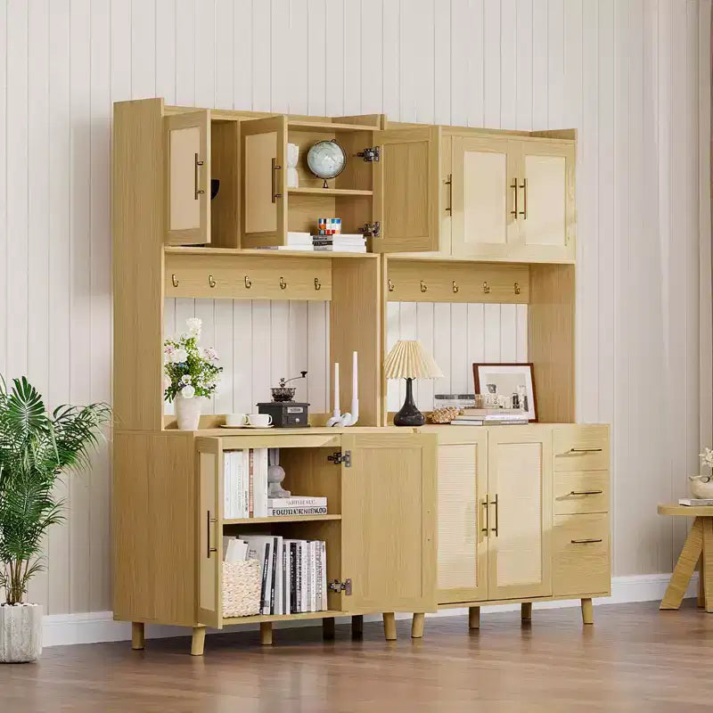 Meuble de rangement autoportant avec tiroirs, meuble de rangement en rotin, portes et crochets pour salon, salle à manger,