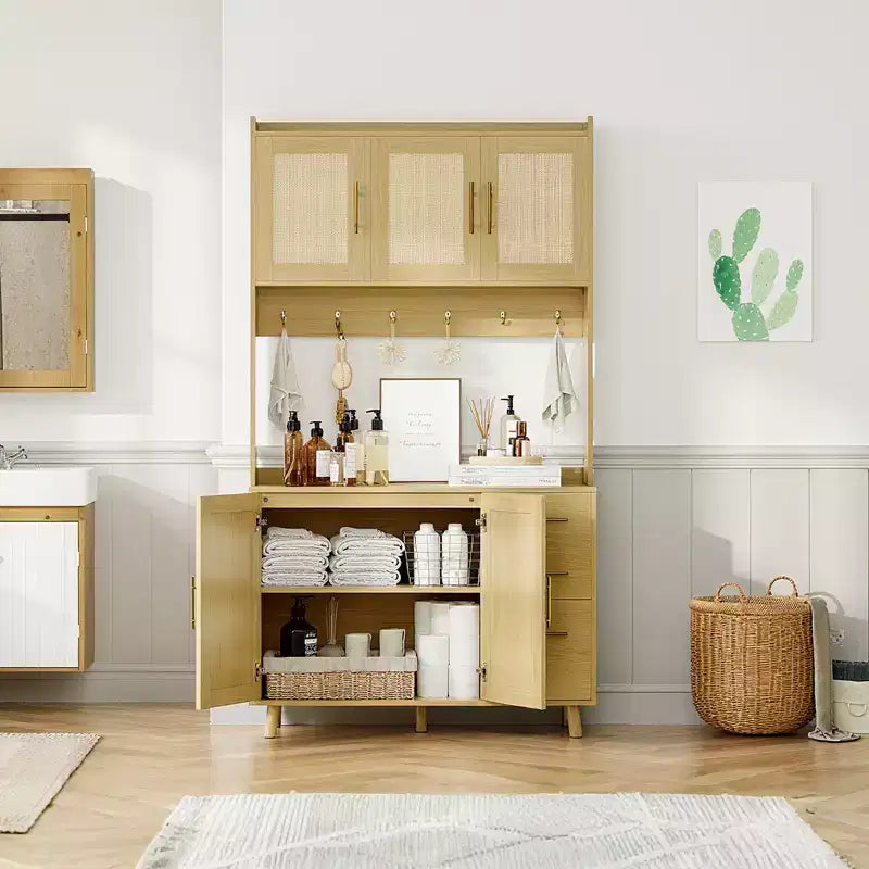Meuble de rangement autoportant avec tiroirs, meuble de rangement en rotin, portes et crochets pour salon, salle à manger,