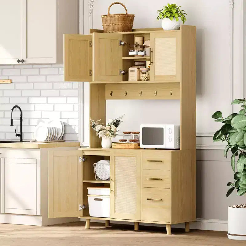 Meuble de rangement autoportant avec tiroirs, meuble de rangement en rotin, portes et crochets pour salon, salle à manger,