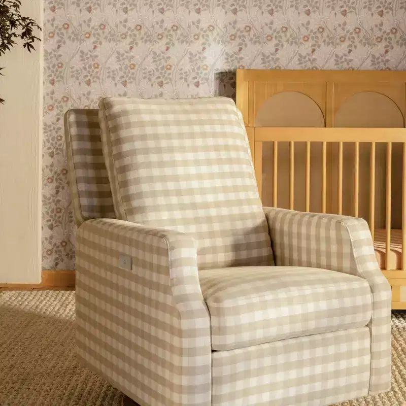 Fauteuil inclinable et pivotant Crewe – Vichy beige avec base en bois clair