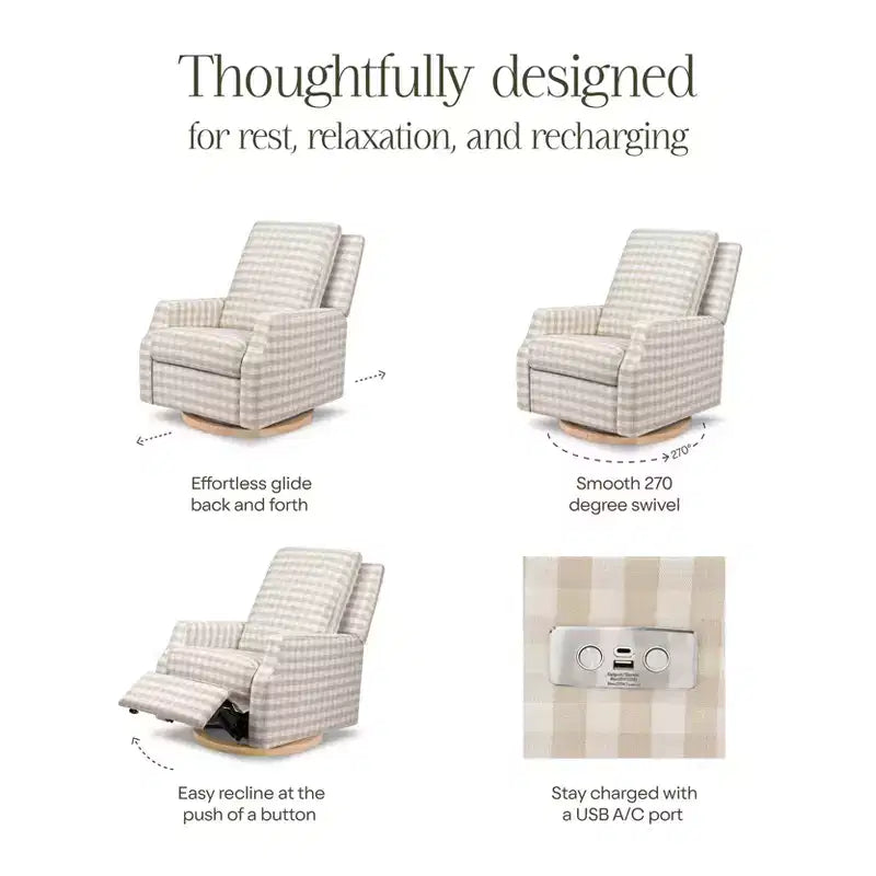 Fauteuil inclinable et pivotant Crewe – Vichy beige avec base en bois clair