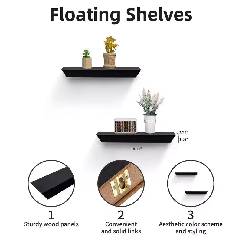 Lot de 2 étagères flottantes murales en MDF noir pour la décoration et le rangement, idéales pour chambre, salon, salle de bain, cuisine