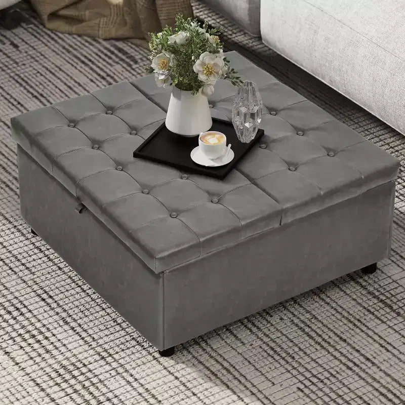 Pouffe carré de 35,5 pouces avec rangement, grande table basse de rangement, pouf de 500 lb avec rangement pour le salon, gris