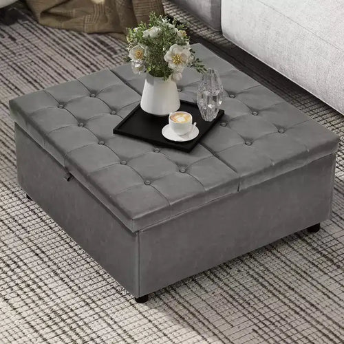 Pouffe carré de 35,5 pouces avec rangement, grande table basse de rangement, pouf de 500 lb avec rangement pour le salon, gris