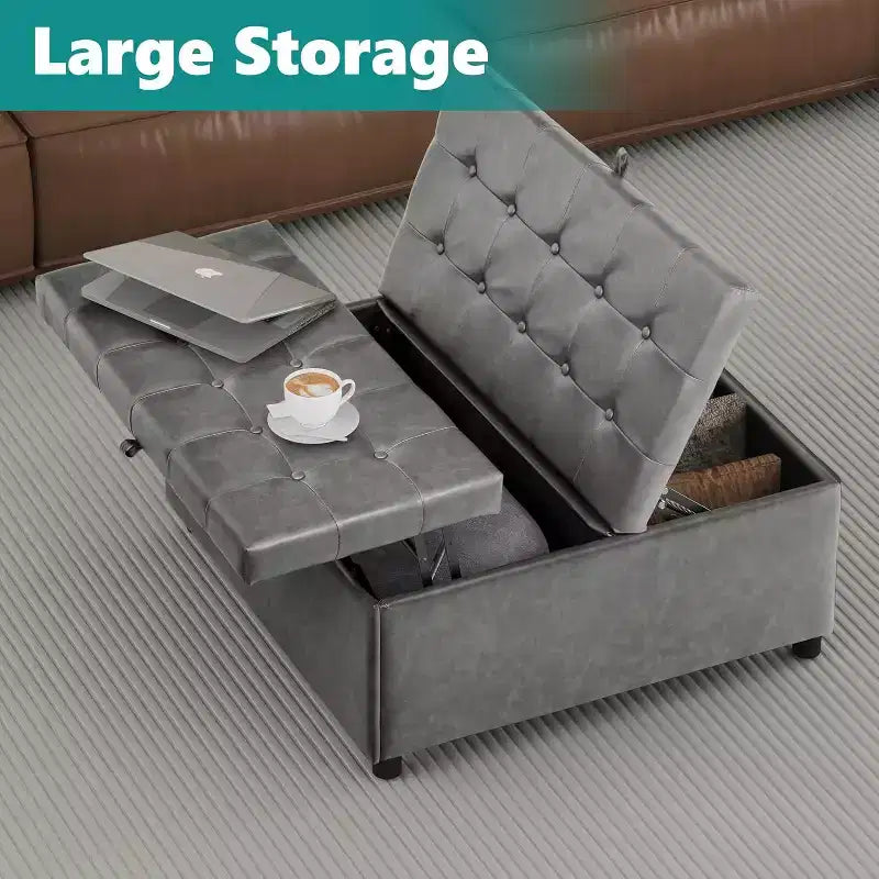 Pouffe carré de 35,5 pouces avec rangement, grande table basse de rangement, pouf de 500 lb avec rangement pour le salon, gris