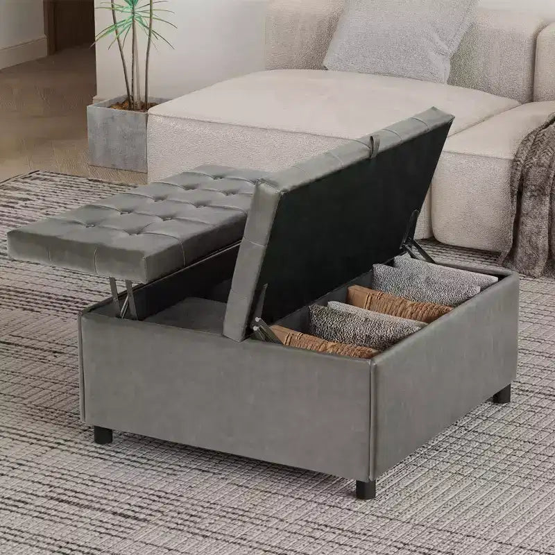 Pouffe carré de 35,5 pouces avec rangement, grande table basse de rangement, pouf de 500 lb avec rangement pour le salon, gris