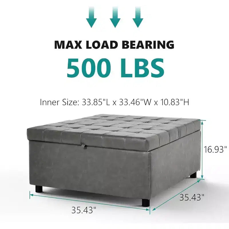 Pouffe carré de 35,5 pouces avec rangement, grande table basse de rangement, pouf de 500 lb avec rangement pour le salon, gris