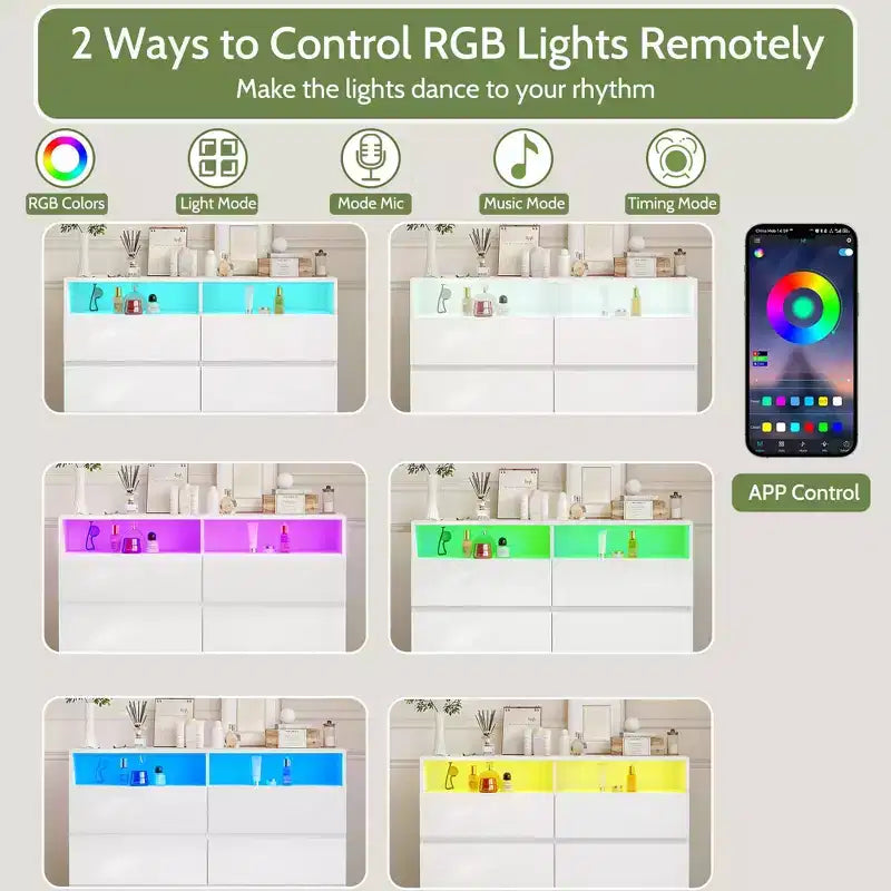 Commode moderne à 6 tiroirs pour chambre à coucher avec lumières LED/prise de courant, meuble de rangement double large pour téléviseur de salon
