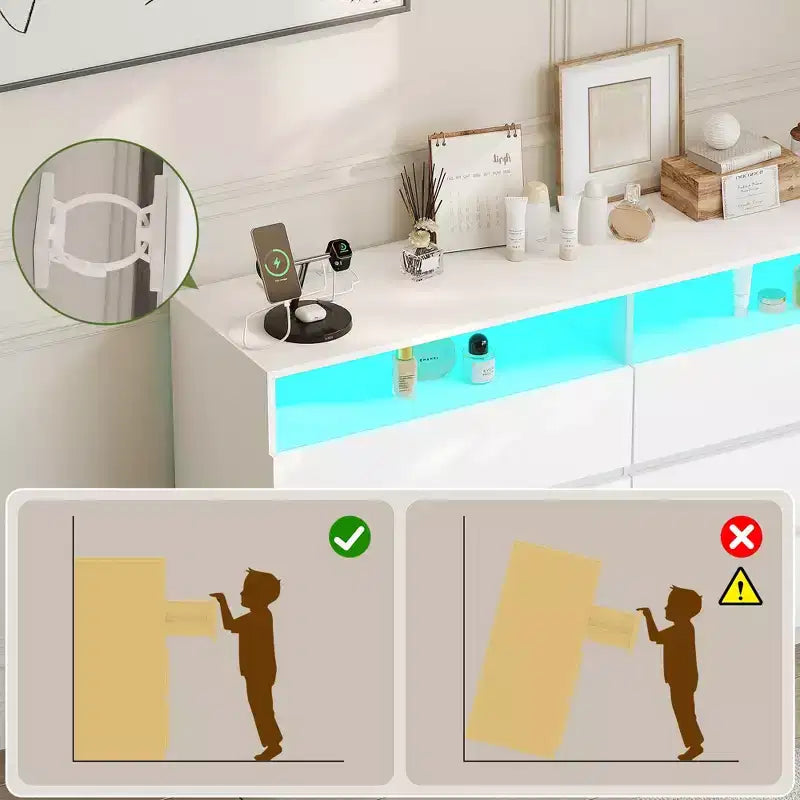 Commode moderne à 6 tiroirs pour chambre à coucher avec lumières LED/prise de courant, meuble de rangement double large pour téléviseur de salon