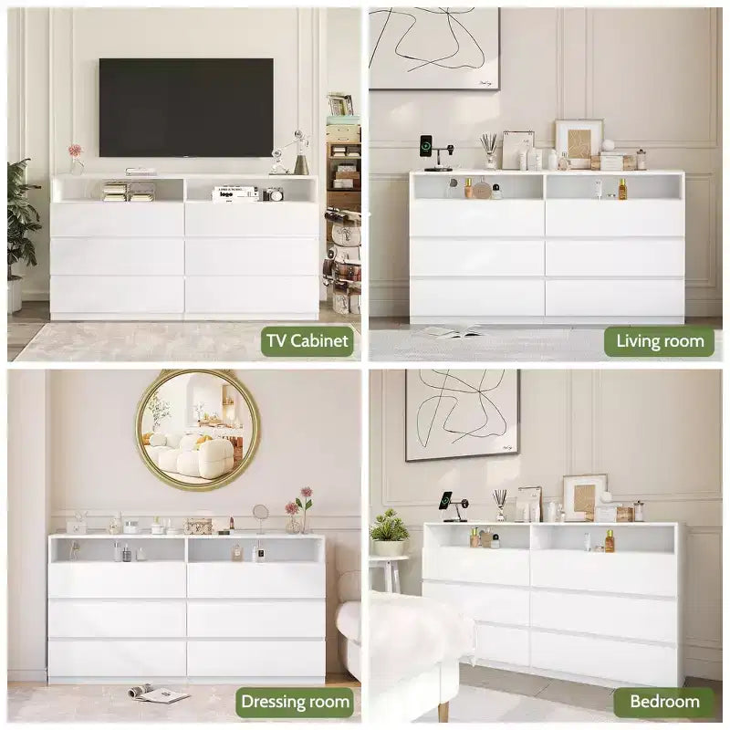 Commode moderne à 6 tiroirs pour chambre à coucher avec lumières LED/prise de courant, meuble de rangement double large pour téléviseur de salon