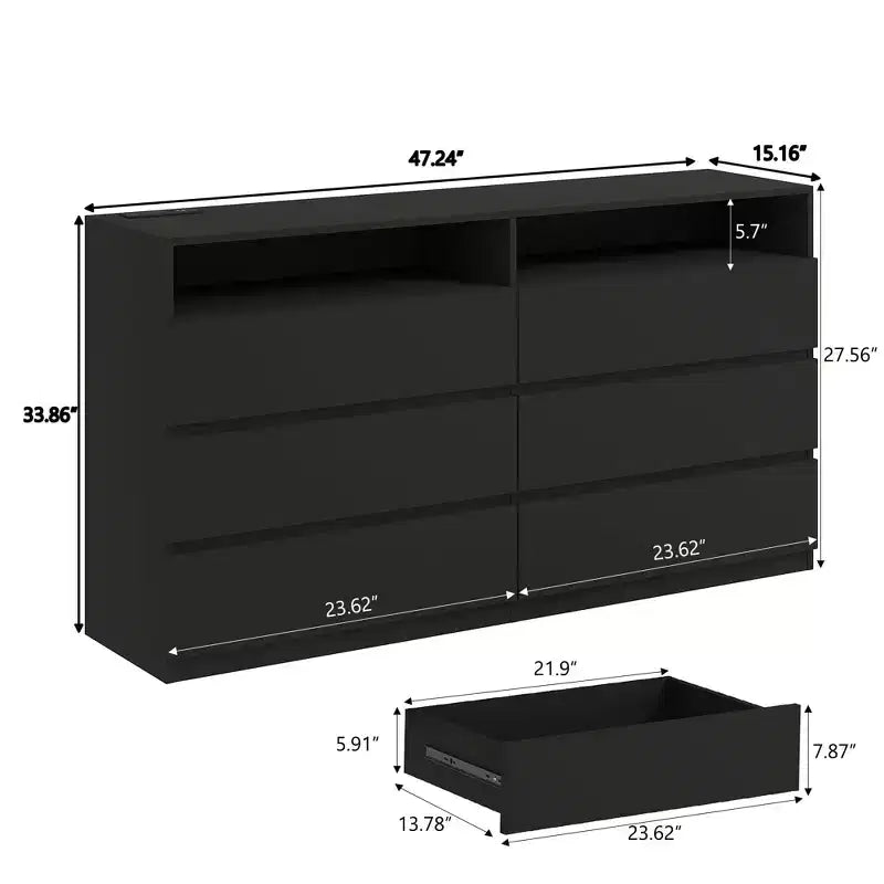 Commode moderne à 6 tiroirs pour chambre à coucher avec lumières LED/prise de courant, meuble de rangement double large pour téléviseur de salon