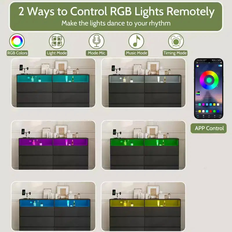 Commode moderne à 6 tiroirs pour chambre à coucher avec lumières LED/prise de courant, meuble de rangement double large pour téléviseur de salon