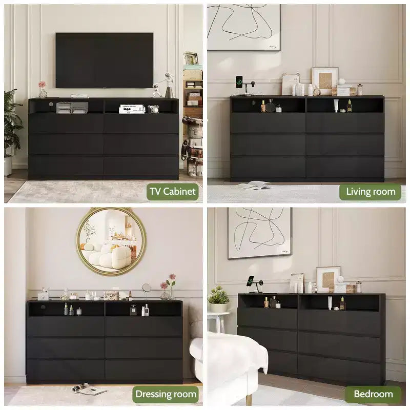 Commode moderne à 6 tiroirs pour chambre à coucher avec lumières LED/prise de courant, meuble de rangement double large pour téléviseur de salon