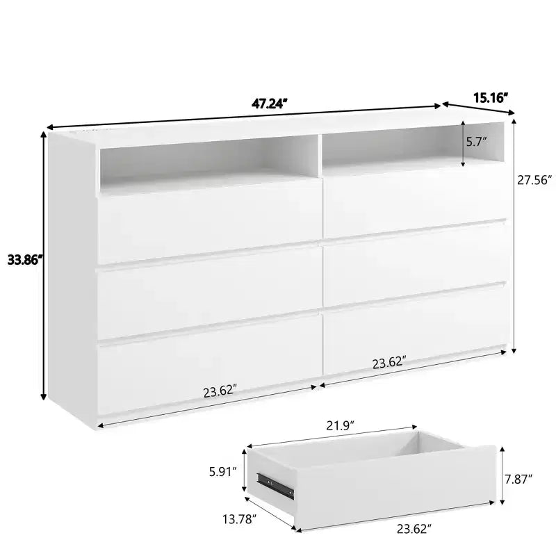 Commode moderne à 6 tiroirs pour chambre à coucher avec lumières LED/prise de courant, meuble de rangement double large pour téléviseur de salon
