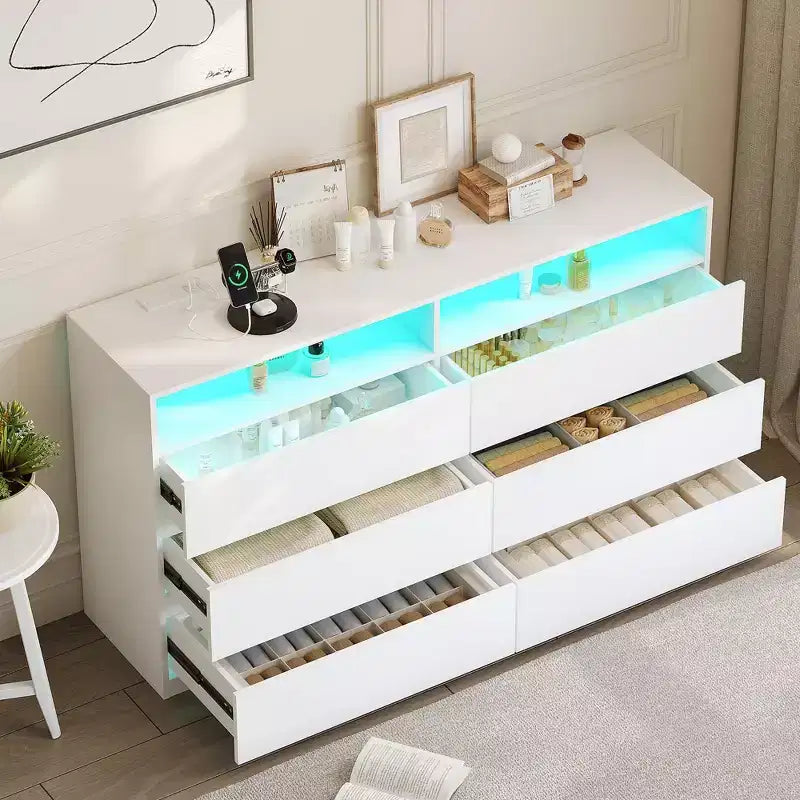 Commode moderne à 6 tiroirs pour chambre à coucher avec lumières LED/prise de courant, meuble de rangement double large pour téléviseur de salon