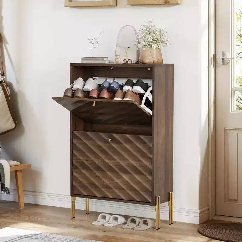 Meuble à chaussures autoportant moderne avec 2 tiroirs basculants, étagère à chaussures de rangement de style milieu du siècle pour couloirs et entrées