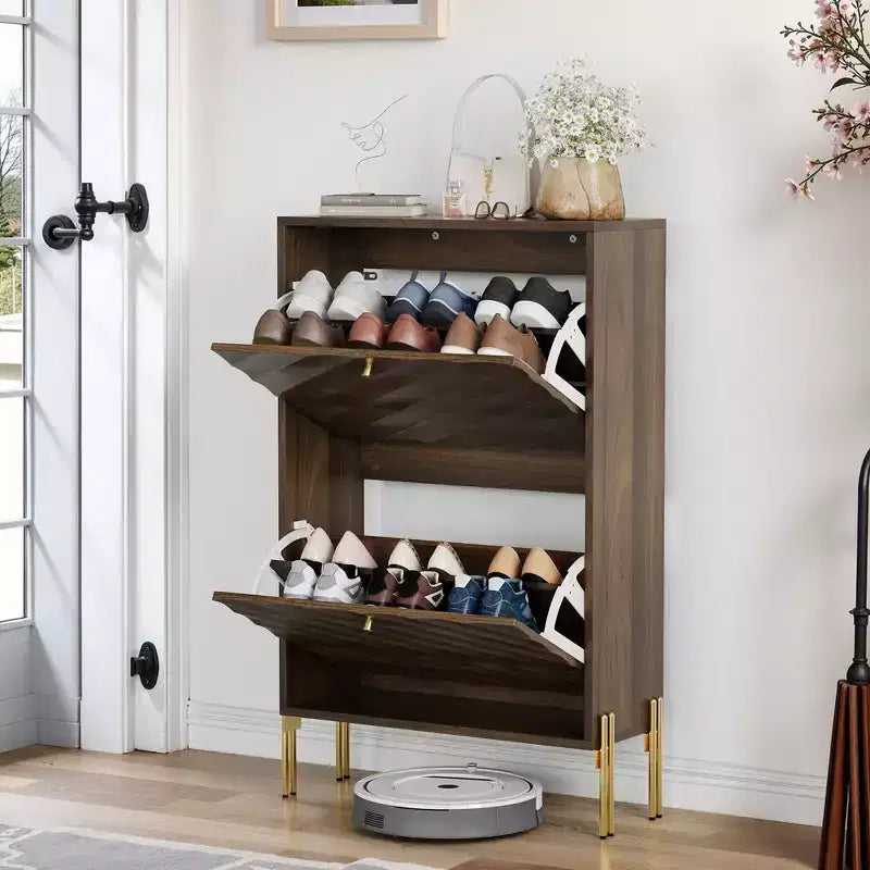 Meuble à chaussures autoportant moderne avec 2 tiroirs basculants, étagère à chaussures de rangement de style milieu du siècle pour couloirs et entrées