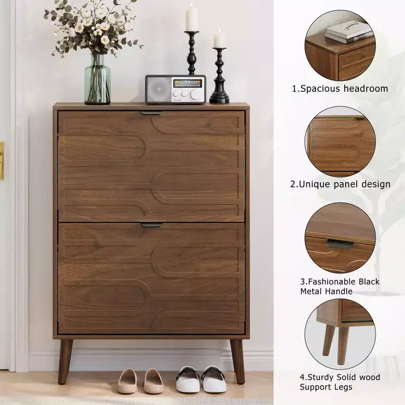Meuble à chaussures autoportant moderne avec 2 tiroirs basculants, étagère à chaussures de rangement de style milieu du siècle pour couloirs et entrées