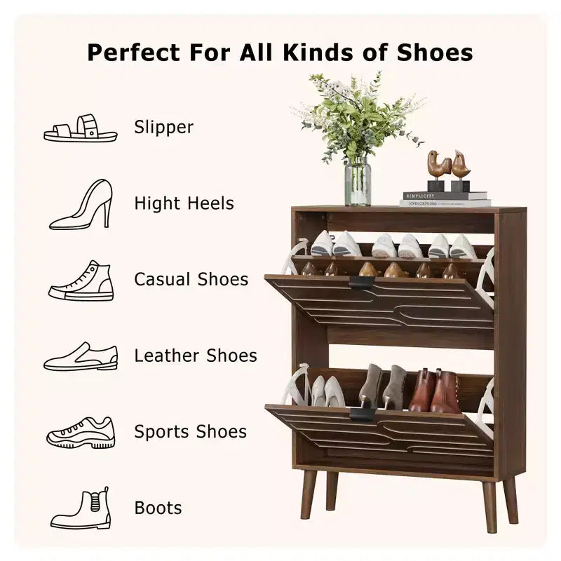 Meuble à chaussures autoportant moderne avec 2 tiroirs basculants, étagère à chaussures de rangement de style milieu du siècle pour couloirs et entrées
