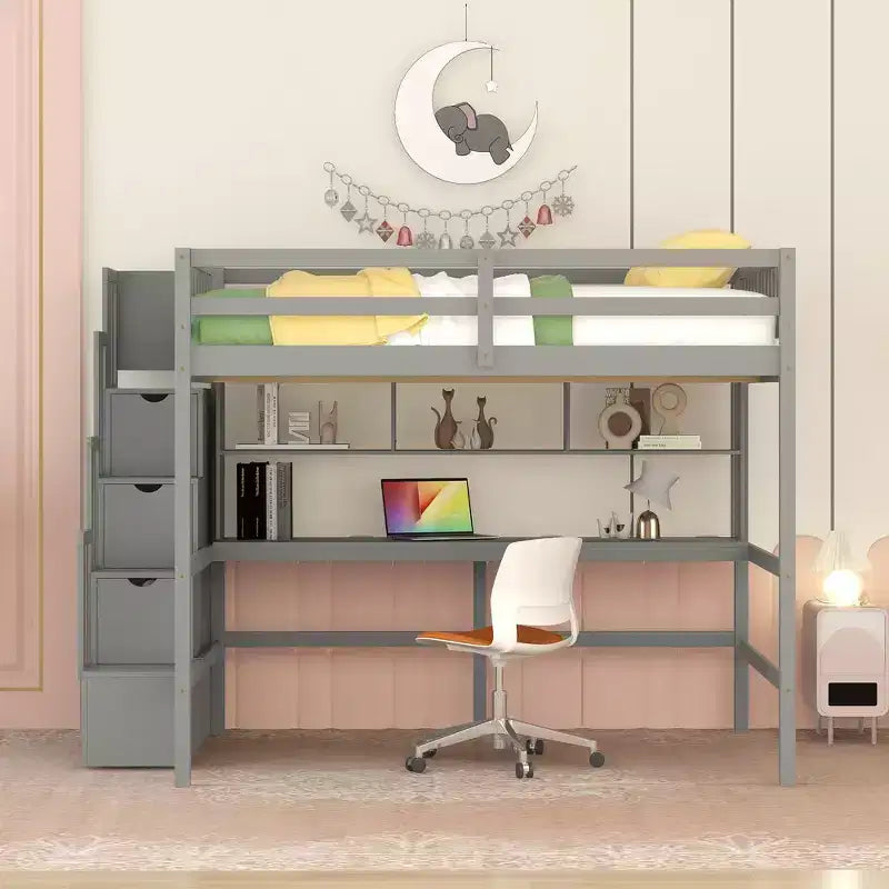 Lit mezzanine pleine grandeur avec bureau intégré, étagères de rangement et escalier de rangement pour chambre à coucher, gris