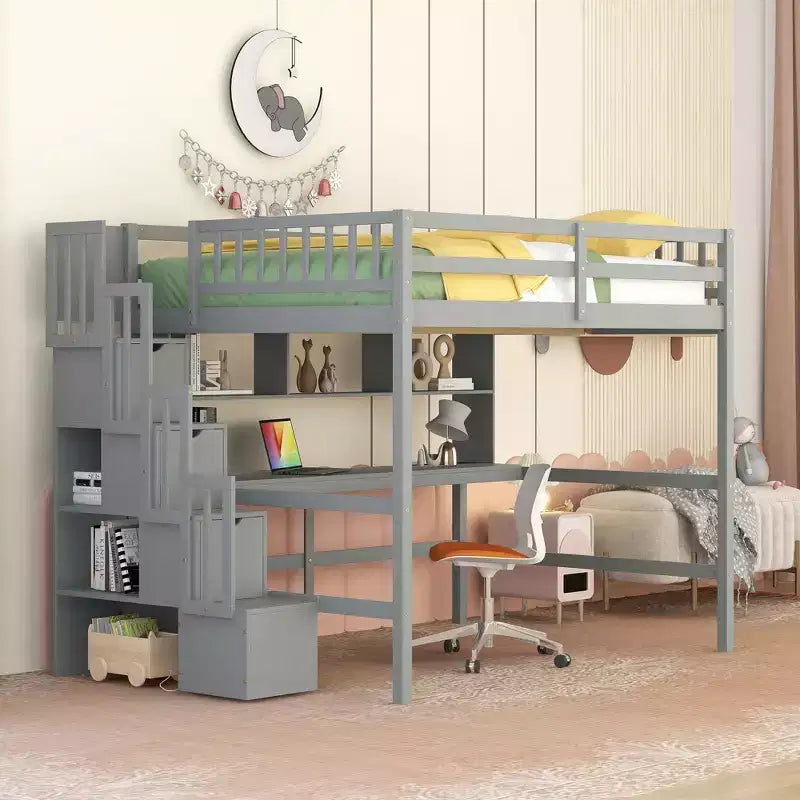 Lit mezzanine pleine grandeur avec bureau intégré, étagères de rangement et escalier de rangement pour chambre à coucher, gris