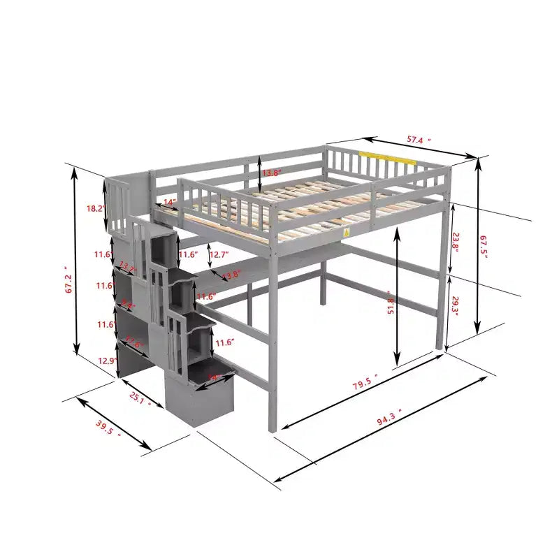 Lit mezzanine pleine grandeur avec bureau intégré, étagères de rangement et escalier de rangement pour chambre à coucher, gris