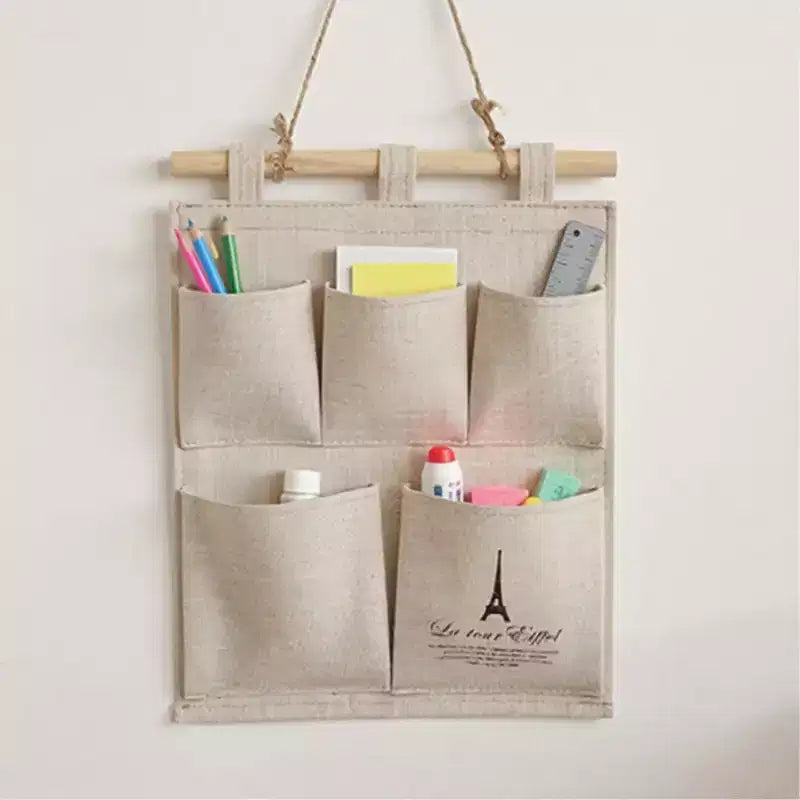 Organisateur mural suspendu avec impression Tour Eiffel et cinq poches de rangement en toile 31,75x24,13 cm