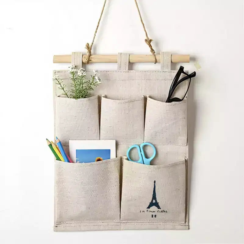 Organisateur mural suspendu avec impression Tour Eiffel et cinq poches de rangement en toile 31,75x24,13 cm