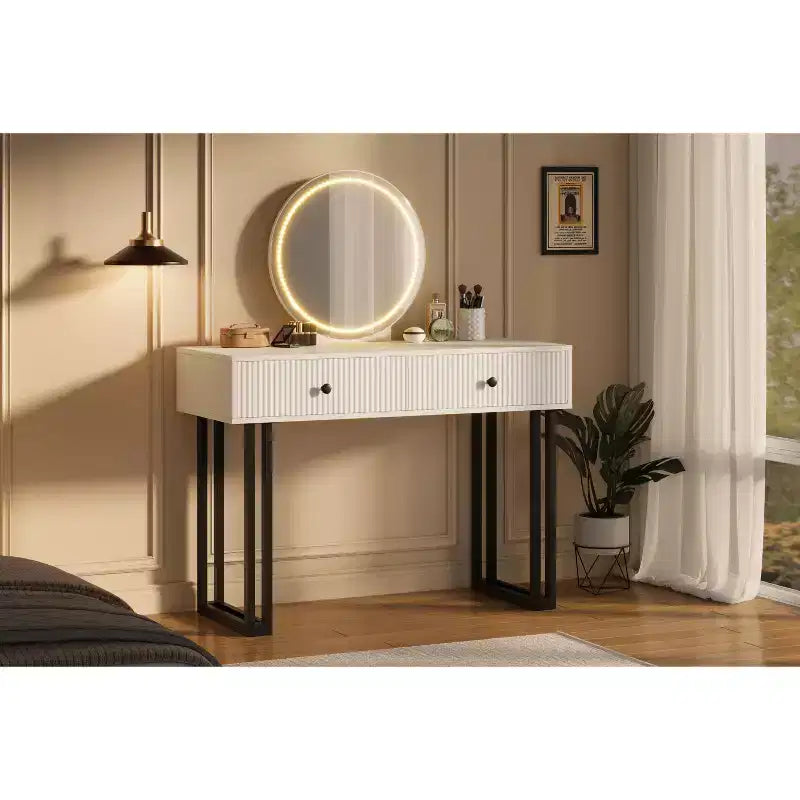 Coiffeuse double tiroir avec miroir rond - Coiffeuse de style moderne avec éclairage, cadre en fer robuste, construction en MDF, deux tiroirs spacieux