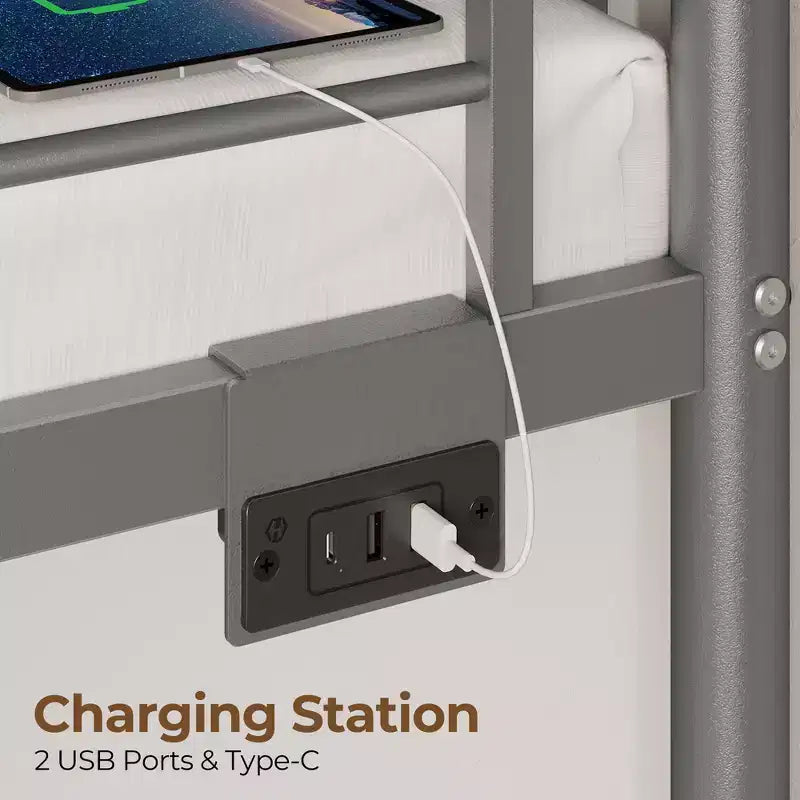 Lit superposé en métal avec tiroirs de rangement, station de charge et lumière LED, garde-corps de sécurité et échelles Noir
