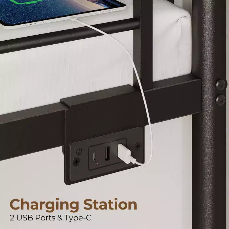 Lit superposé en métal avec tiroirs de rangement, station de charge et lumière LED, garde-corps de sécurité et échelles Noir