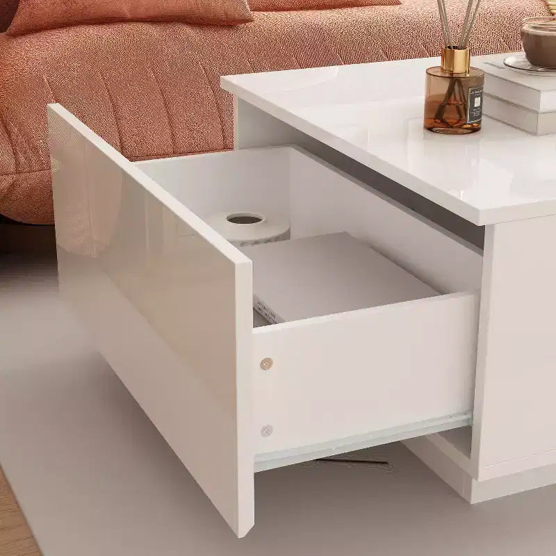 Table basse LED blanc brillant – Rangement multi-zones avec tiroir et compartiments ouverts
