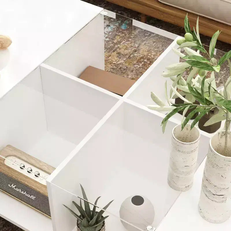 Table basse LED blanc brillant – Rangement multi-zones avec tiroir et compartiments ouverts