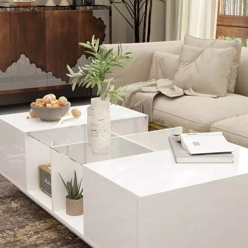 Table basse LED blanc brillant – Rangement multi-zones avec tiroir et compartiments ouverts
