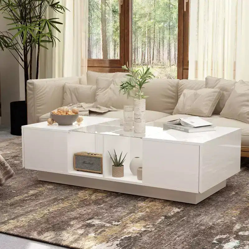 Table basse LED blanc brillant – Rangement multi-zones avec tiroir et compartiments ouverts
