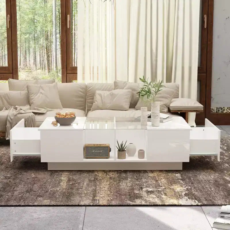 Table basse LED blanc brillant – Rangement multi-zones avec tiroir et compartiments ouverts