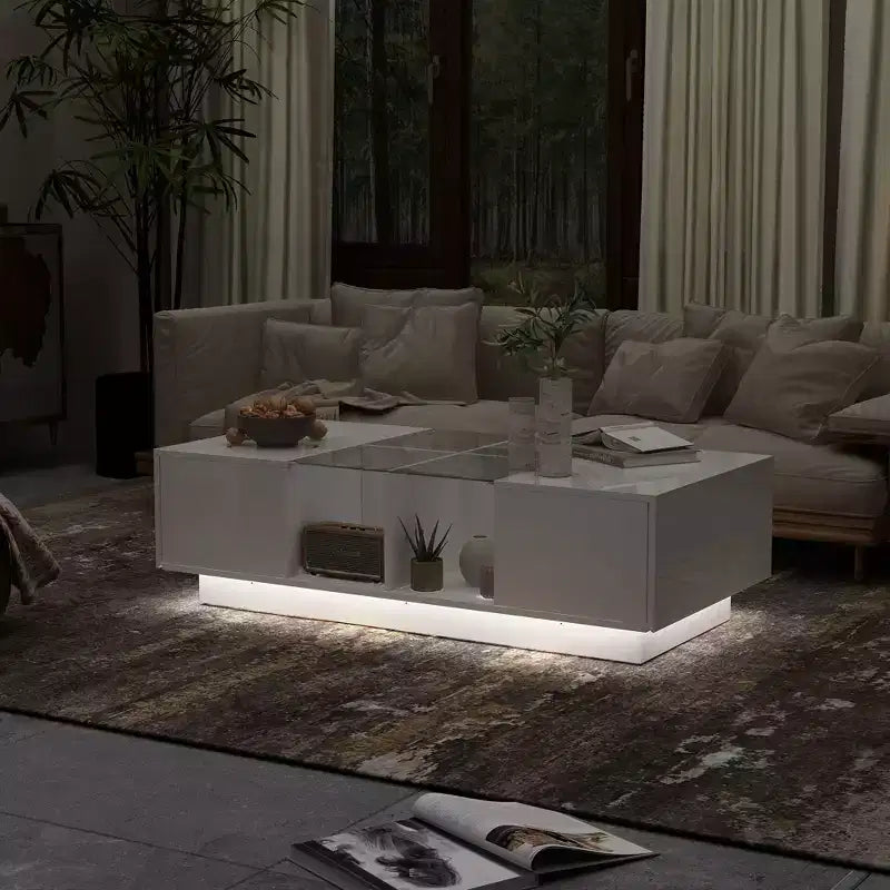 Table basse LED blanc brillant – Rangement multi-zones avec tiroir et compartiments ouverts