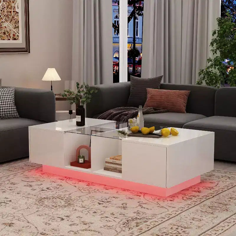 Table basse LED blanc brillant – Rangement multi-zones avec tiroir et compartiments ouverts
